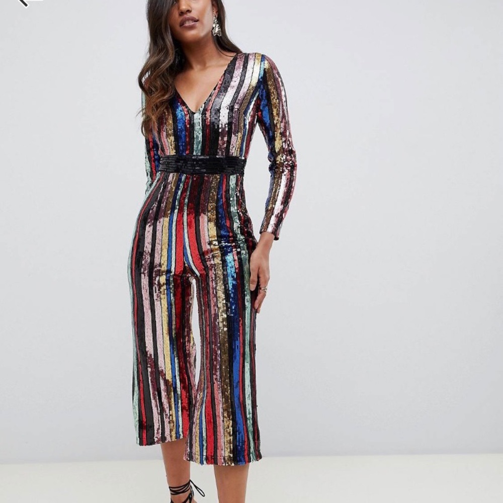 Starlet Plunge Culotte Jumpsuit in Rainbow Stripe